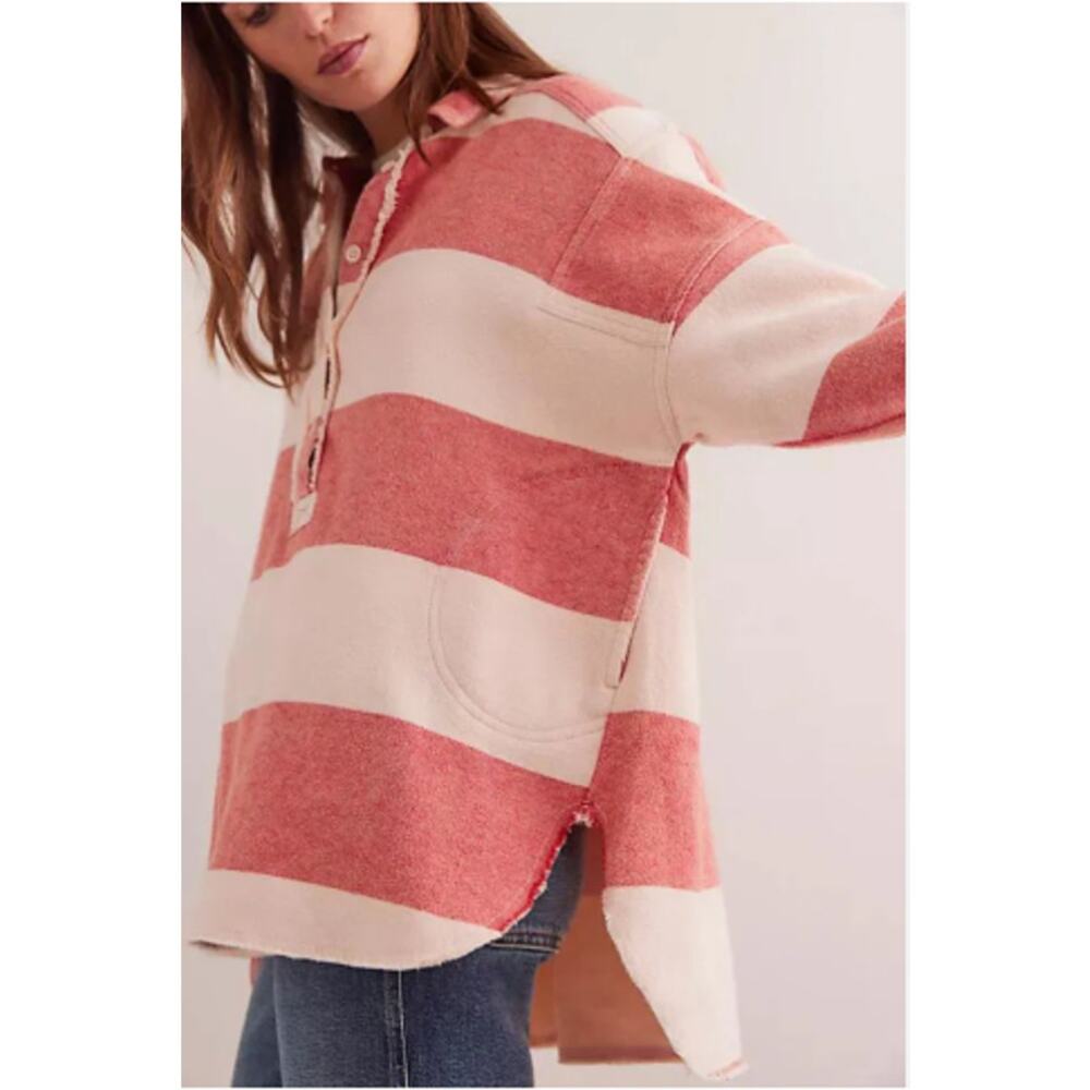 Free People We The Free Arizona Sky Washed Red Preppy Striped Rugby Pullover